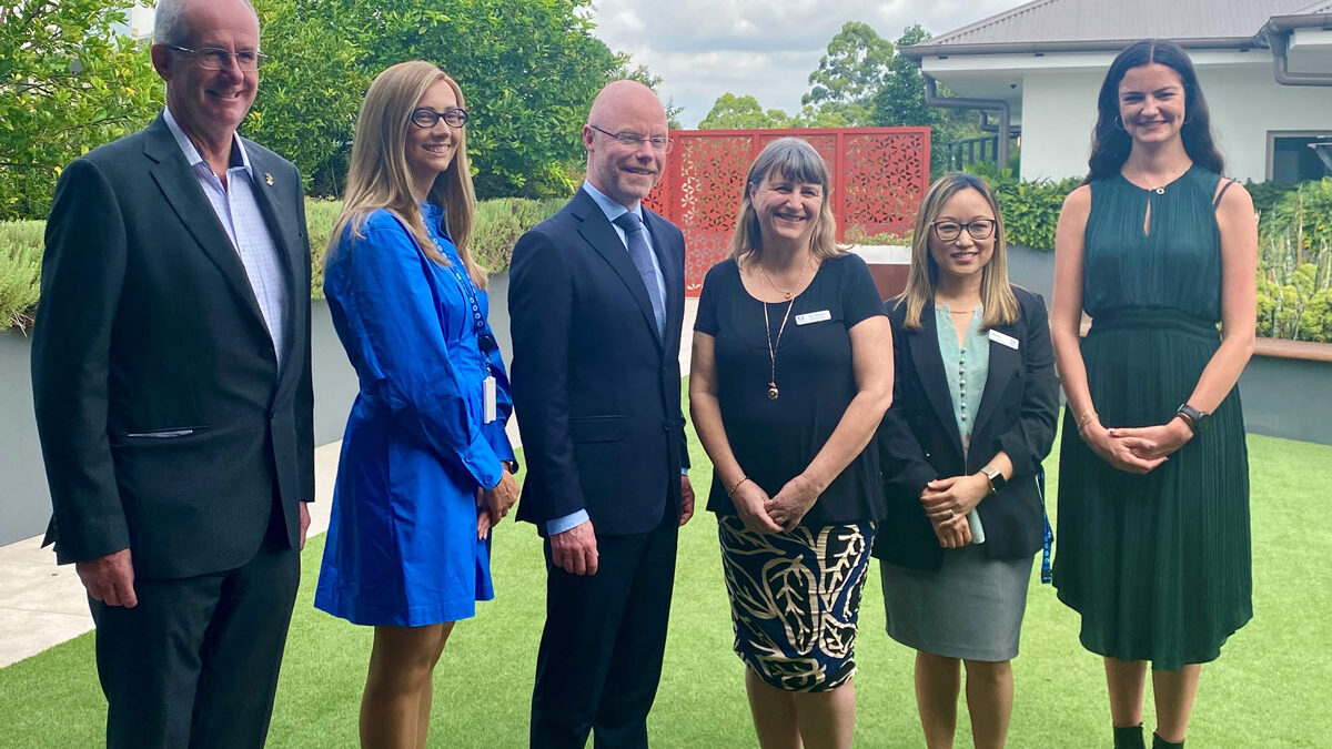 Calvary-Ireland group: (L-R) Mark Cox from MEG; Calvary’s Head of Data, Insights and Analytics, Tamara Gusa; Ireland’s Minister for Health, Stephen Donnelly; Calvary’s National Director Clinical Governance, Kris Salisbury; Calvary Ryde Home Manager, Samita Gurung, and Enterprise Ireland’s Judith Harrington.