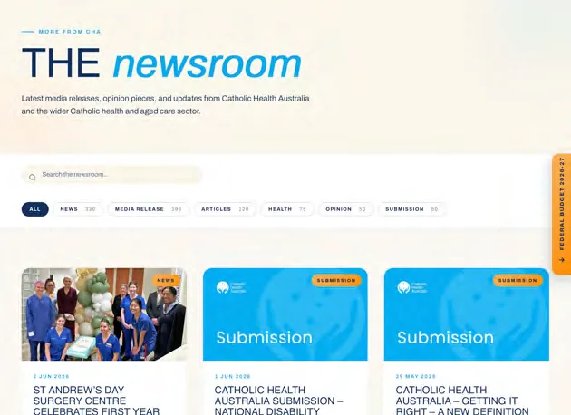 The CHA newsroom page listing media releases, opinion pieces and submissions
