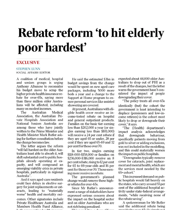The Australian: Rebate reform &lsquo;to hit elderly poor hardest&rsquo;