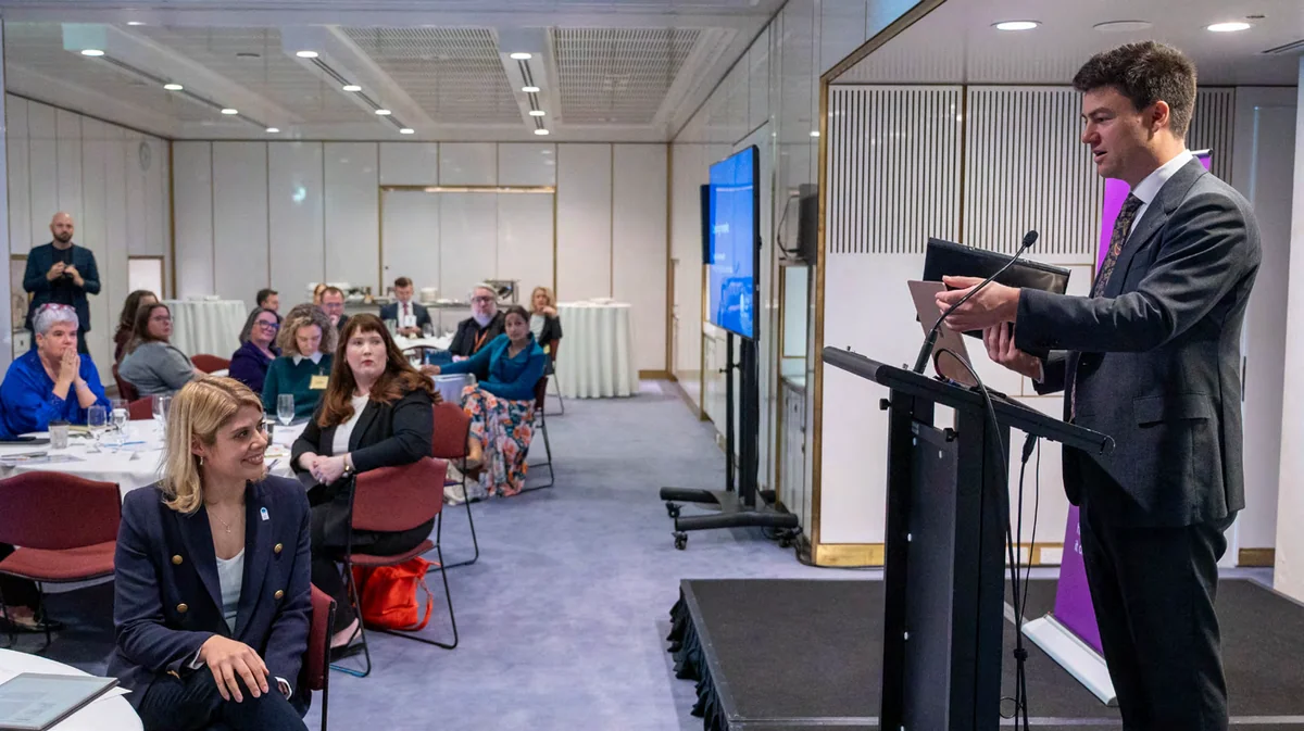 A speaker addressing the CHA Parliamentary Roundtable on delayed hospital discharge in Canberra
