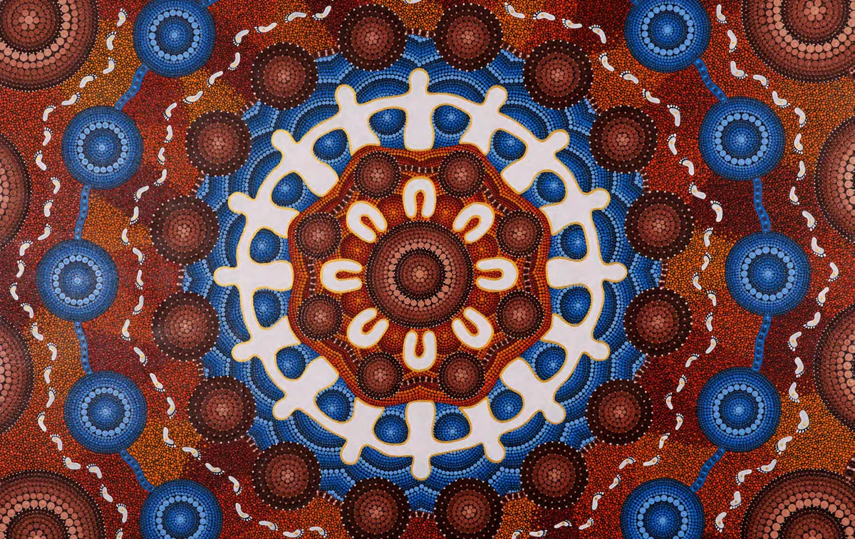 Connections through healing, an Aboriginal artwork of concentric dot-painted circles in blue, red and cream