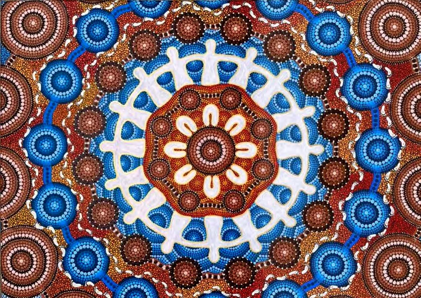 Connections through healing, an Aboriginal artwork of concentric circles and connecting paths in blue, red, white and ochre